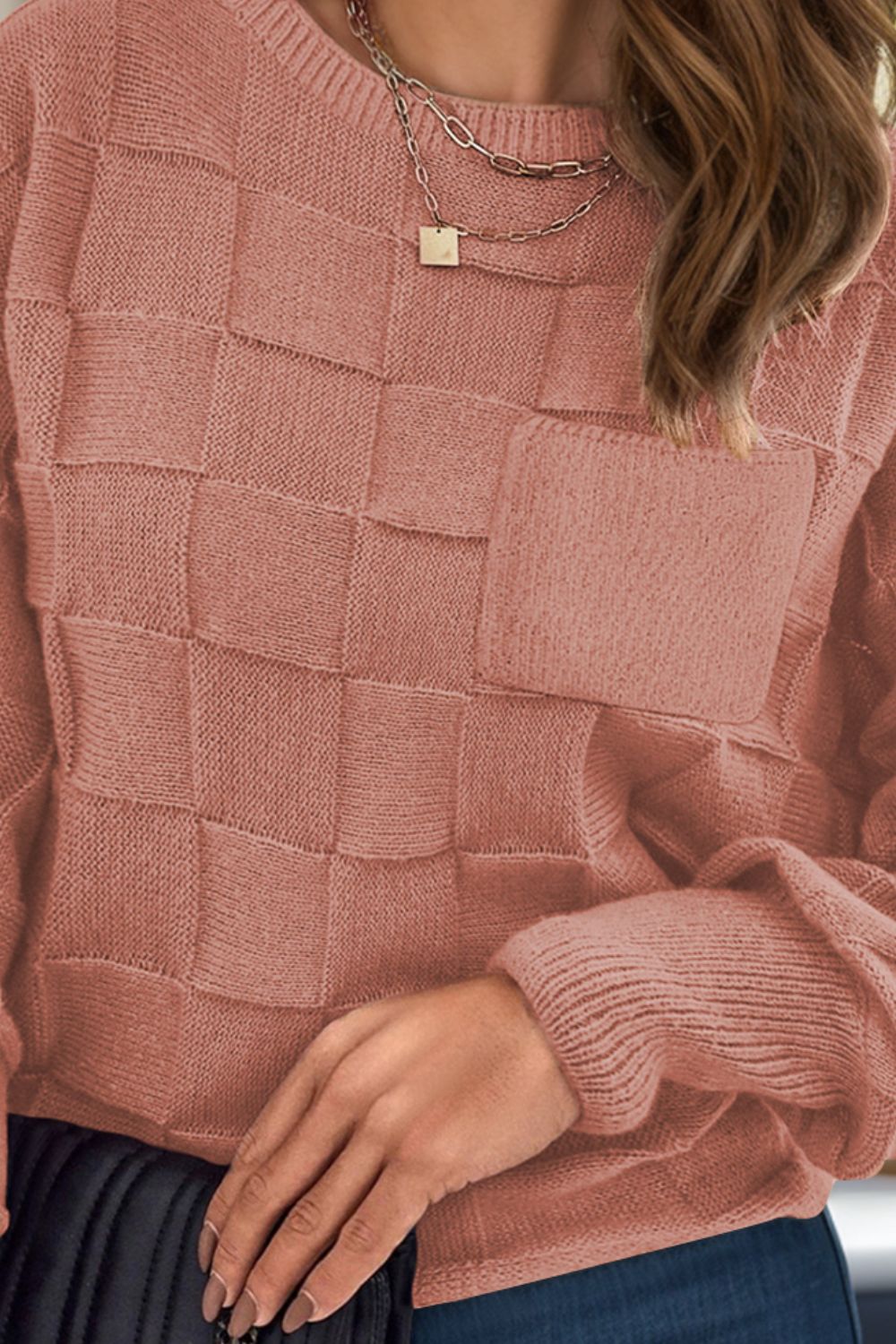 Trendsi plus size beige sweater for women with textured checkered pattern and front pocket