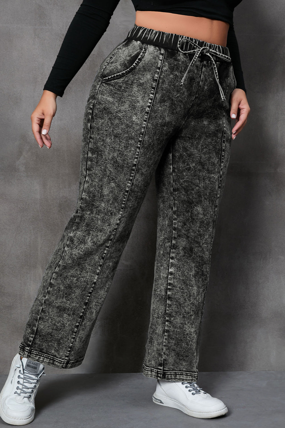 Trendsi plus size drawstring jeans in black acid wash with elastic waistband and casual fit