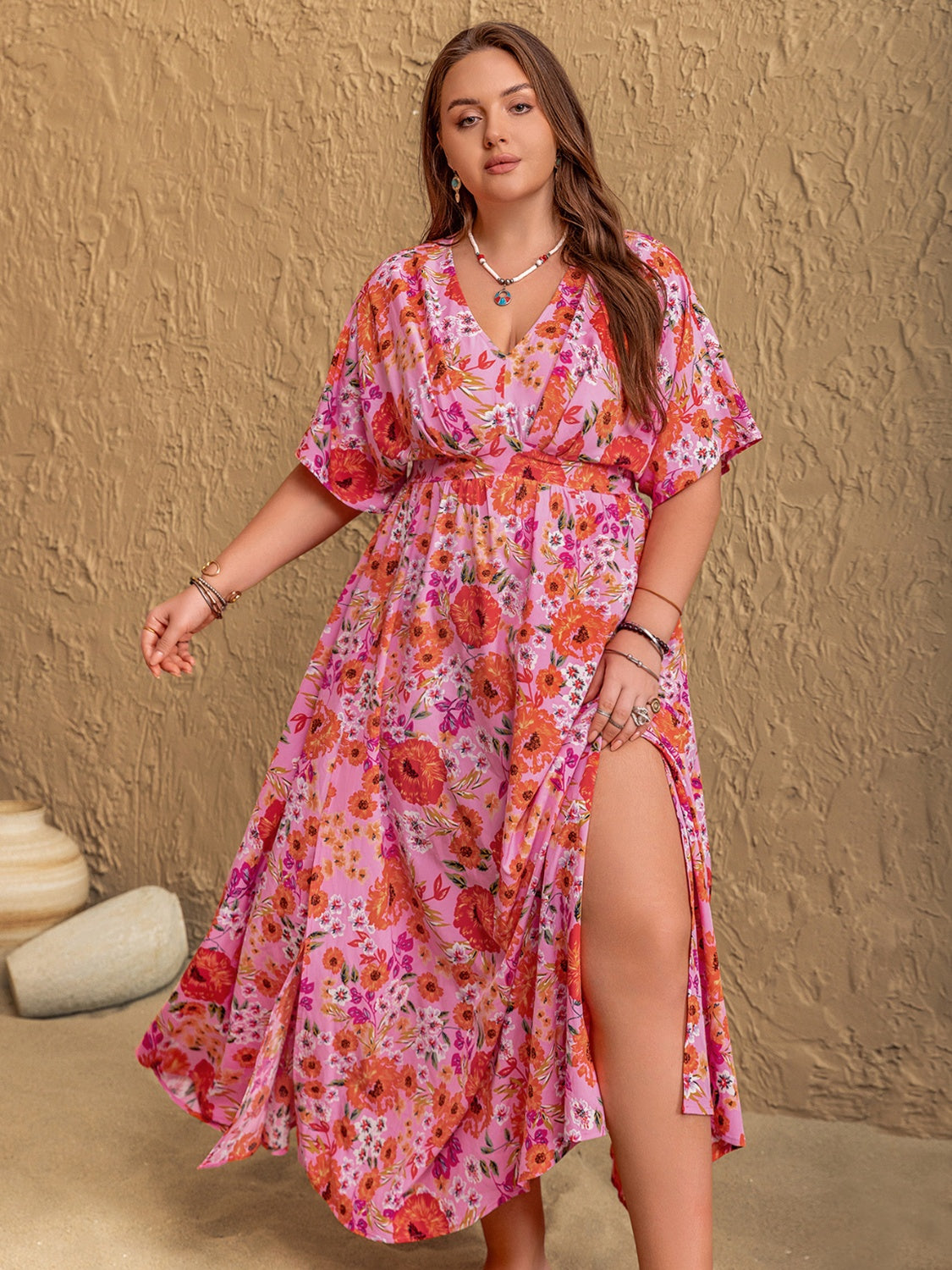 Trendsi plus size floral maxi dress in pink with orange flowers and a thigh-high slit