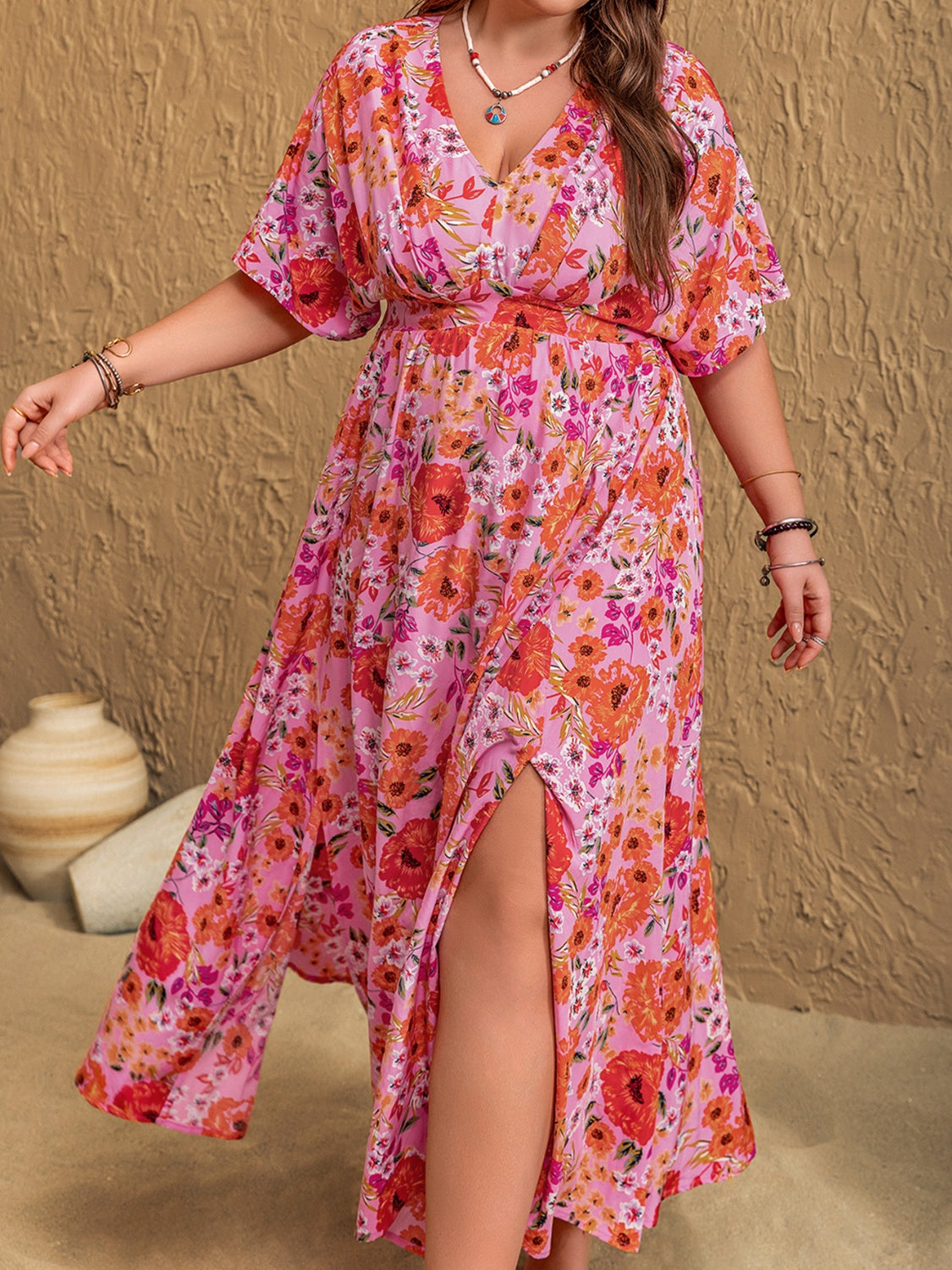 Trendsi plus size floral maxi dress in pink with orange flowers and a front slit