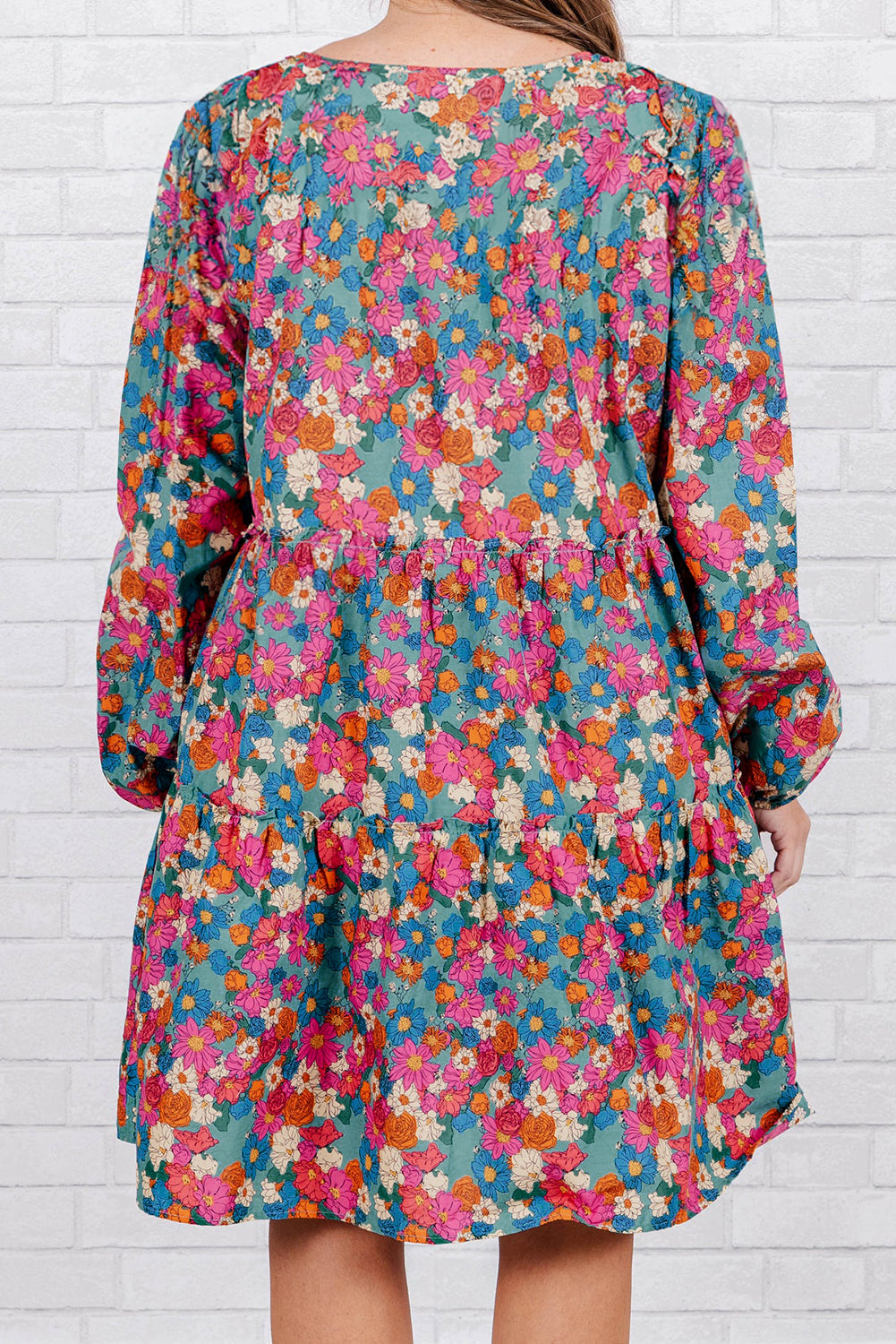 Plus size sky blue floral print shirred ruffle tiered mini dress with long sleeves