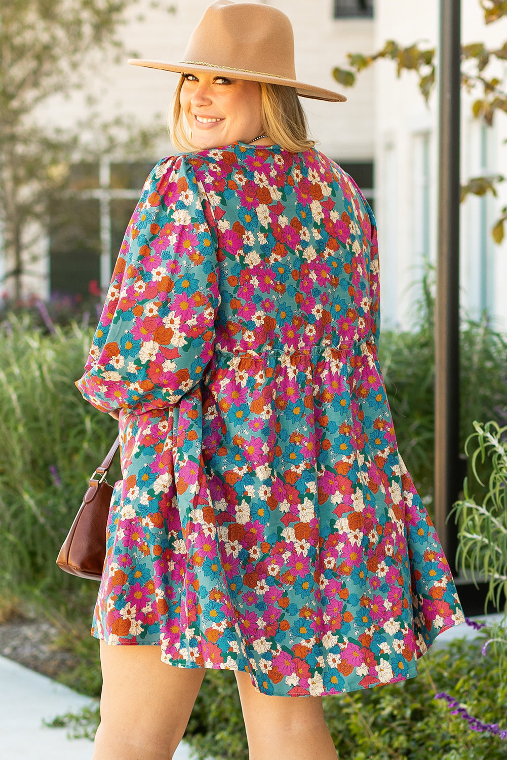 Plus size sky blue floral print shirred ruffle tiered mini dress with spacious sleeves and comfortable fit