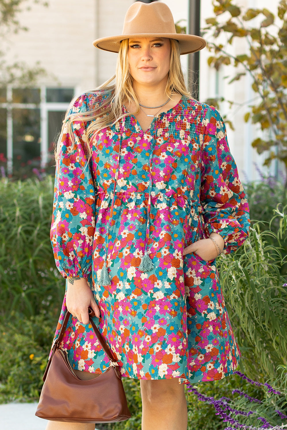 Plus size floral print mini dress in sky blue with shirred bodice and ruffle tiers