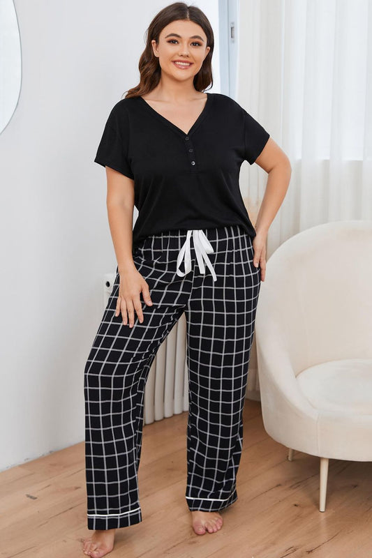  plus size loungewear set featuring a black short sleeve top and black and white checkered pants