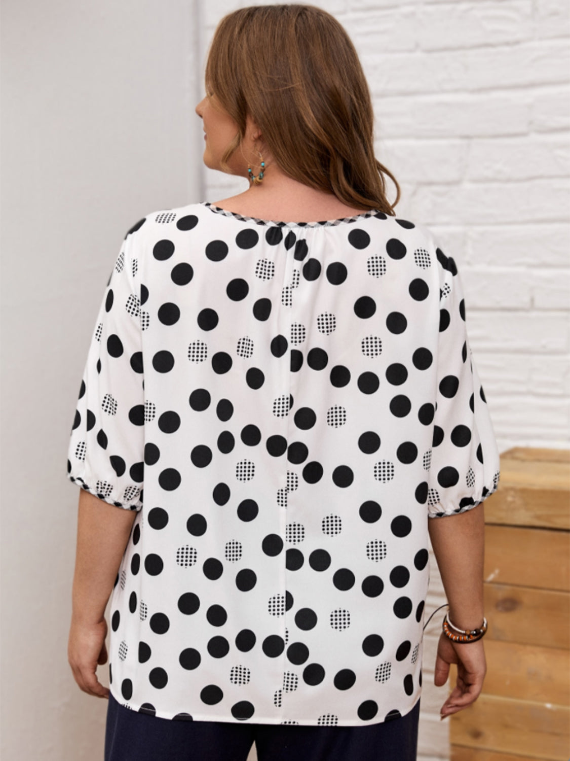 Trendsi plus size polka dot blouse with black and white pattern and three-quarter length sleeves