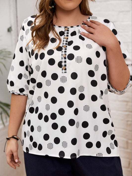 Trendsi plus size polka dot blouse with black and white pattern and button details on front