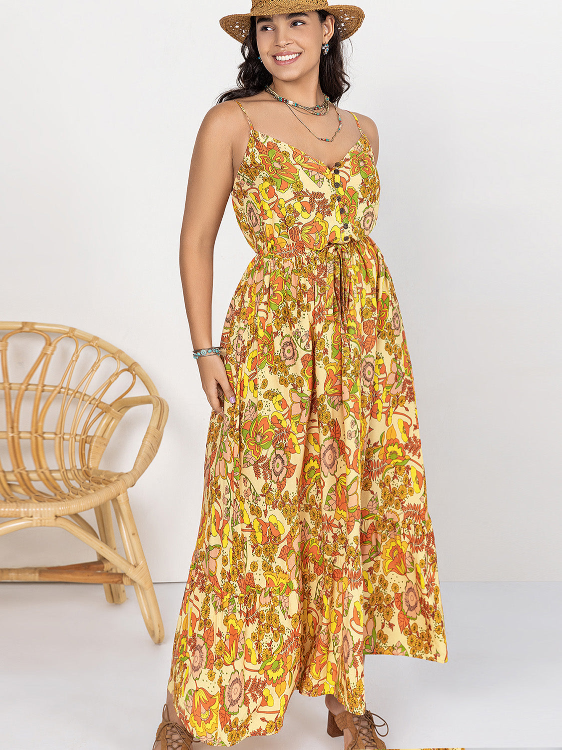 Trendsi plus size printed maxi dress with yellow floral pattern and adjustable waist tie
