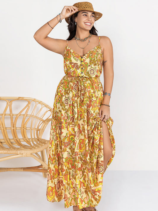 Trendsi plus size printed maxi dress in warm floral patterns with spaghetti straps and a side slit