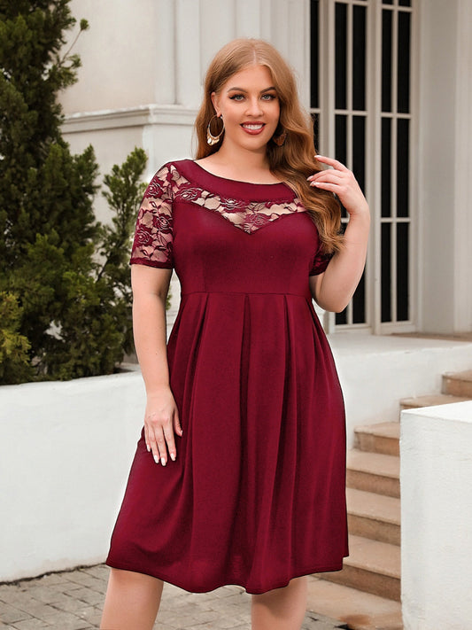 Trendsi plus size ruched dress in burgundy with lace detailing on sleeves and neckline