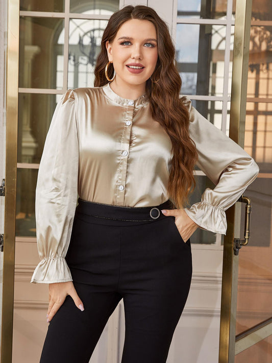 Plus size satin blouse for women in champagne color with button front and ruffle cuffs
