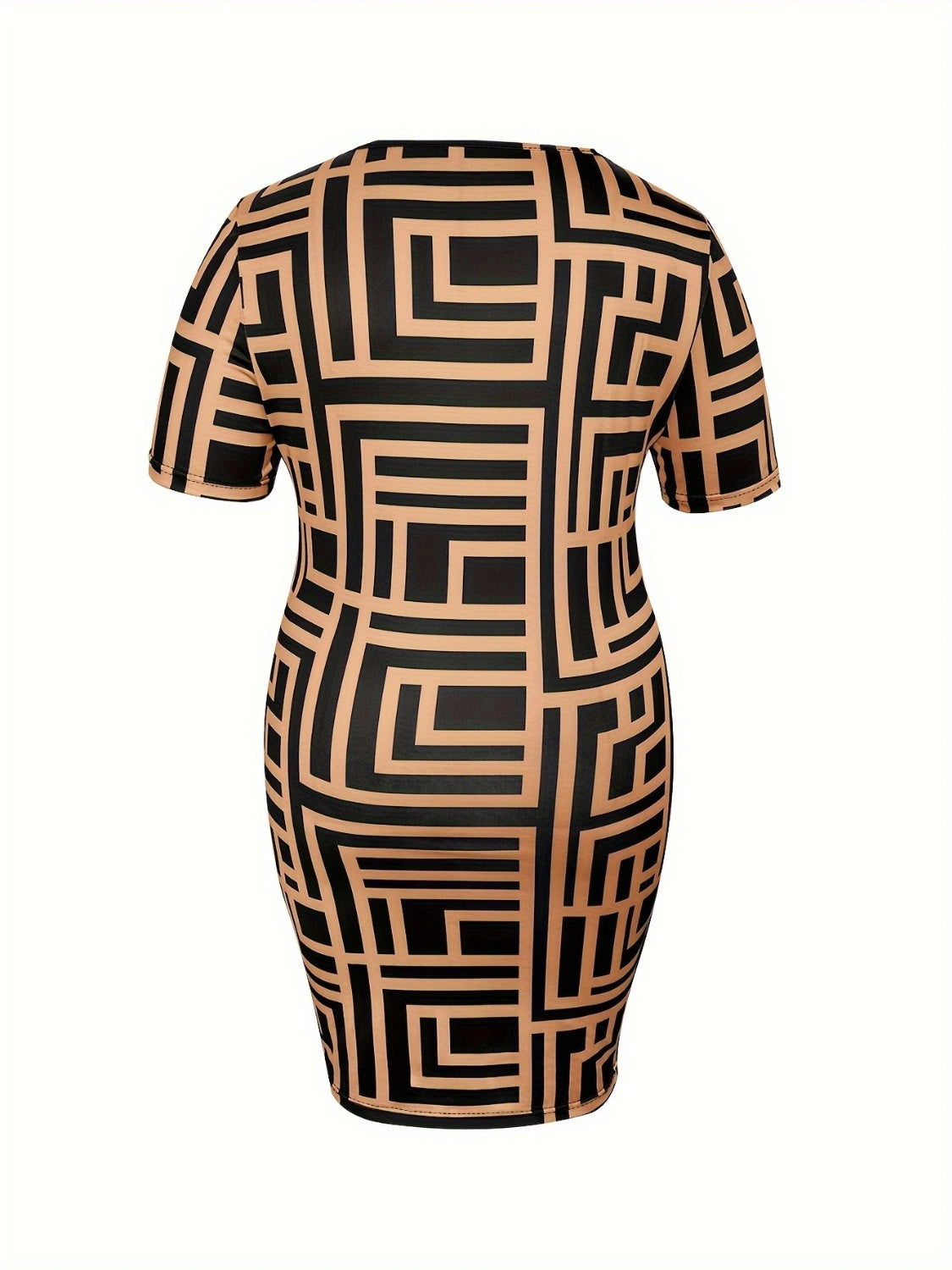 Plus size sweetheart neck mini dress with short sleeves and bold geometric print, fitted silhouette for curves.