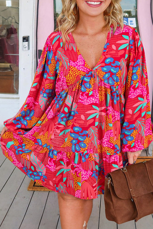 Plus size tropical print mini dress in vibrant red with blue and pink floral patterns by kjplussizefashion