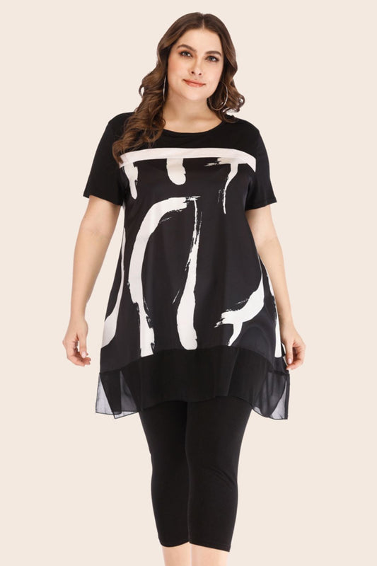Plus size two piece lounge set by Trendsi featuring black abstract print top and black leggings