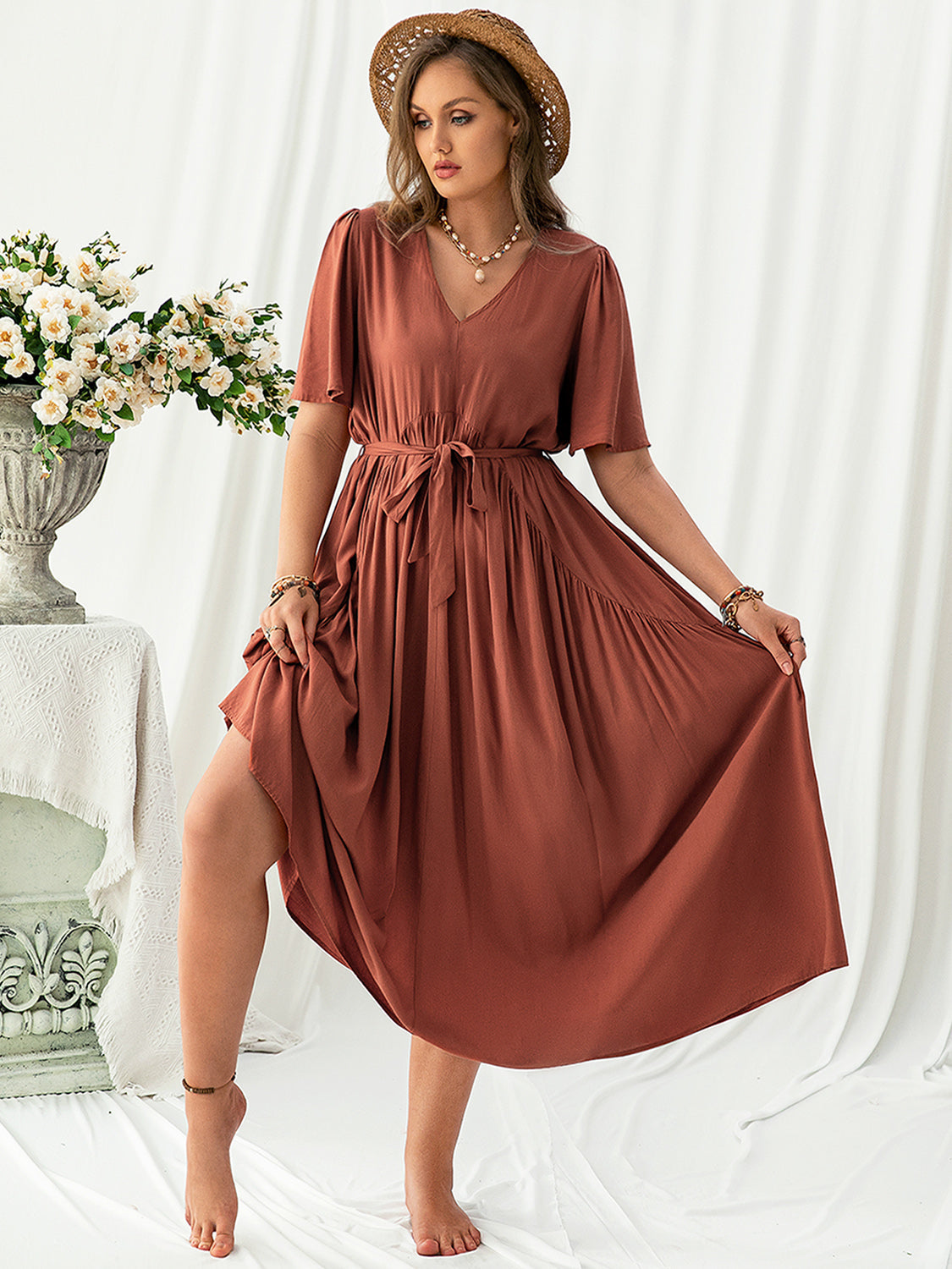 Trendsi plus size v neck midi dress in rust with short sleeves and waist tie detail