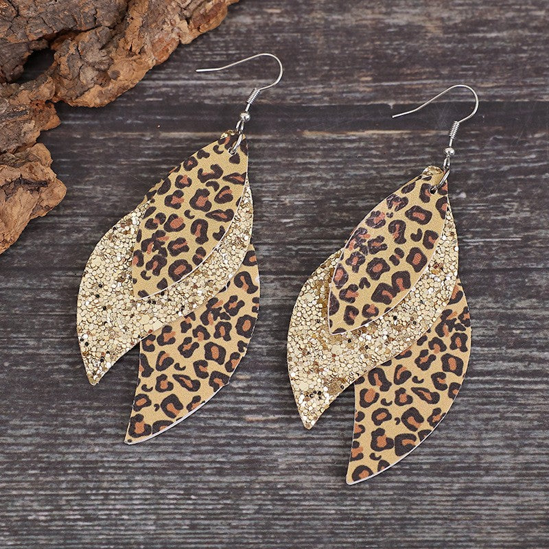 Trendsi PU leather statement earrings with leopard print and gold glitter leaf design