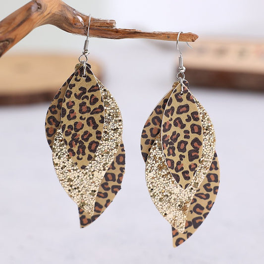 Trendsi PU leather statement earrings in layered leopard print and gold glitter design