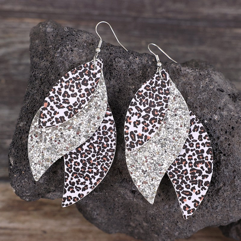 Trendsi PU leather statement earrings featuring layered leopard print and glitter design on hooks