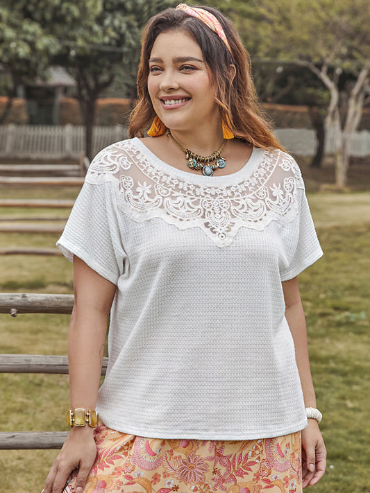 Trendsi round neck short sleeve plus size blouse with lace detailing on the neckline in white