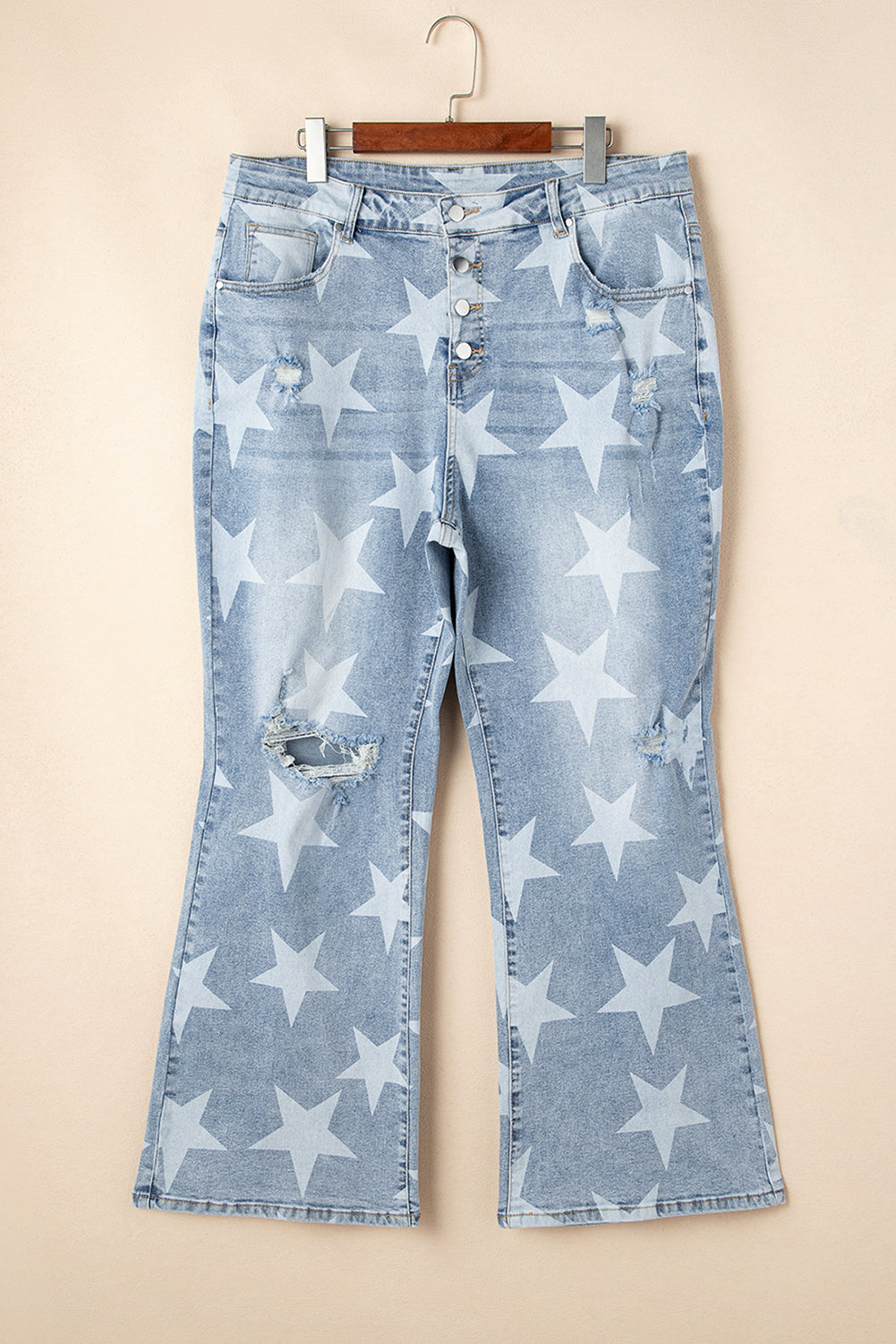 Sky blue distressed plus size jeans with white star pattern and button fly by kjplussizefashion