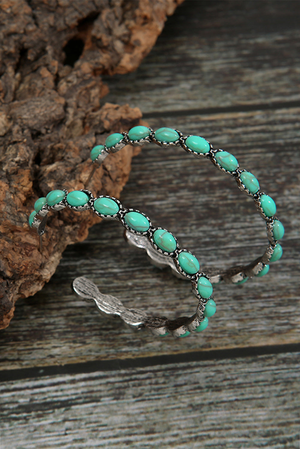 kjplussizefashion sky blue gem hoop earrings with oval stones on rustic wood background