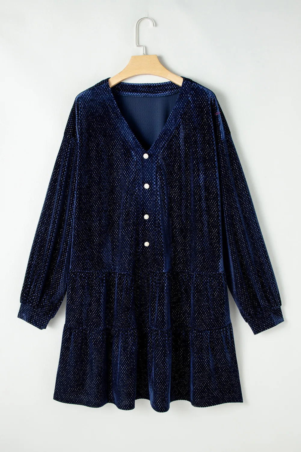 Navy blue textured velvet dress for curvy women with long sleeves and button front detail