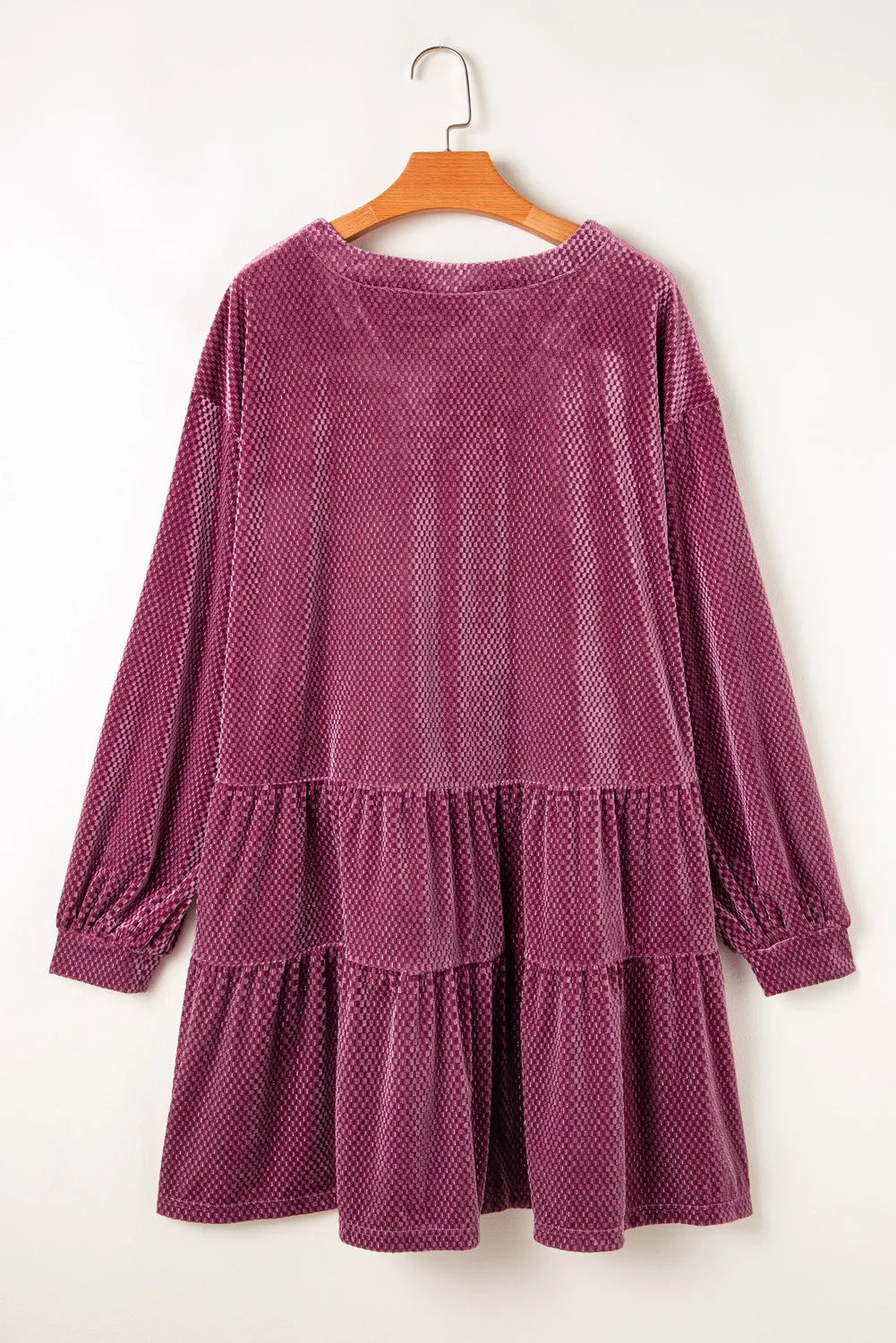 Trendsi textured velvet dress for curvy women in deep purple with long sleeves and tiered skirt