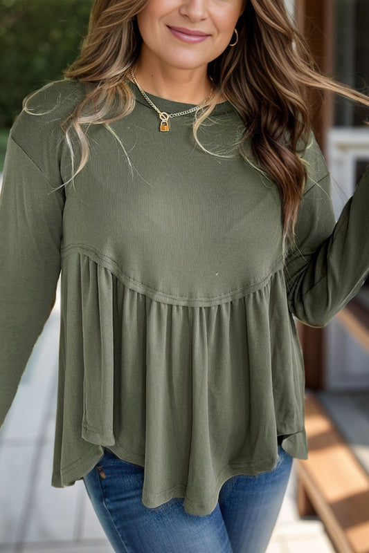 Trendsi casual plus size long sleeve blouse in olive green with loose fit and gathered waist detail