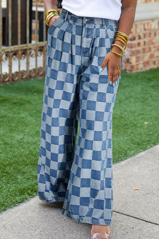 Dusk blue high waist plus size jeans with checkerboard pattern, styled with white top and gold bangles