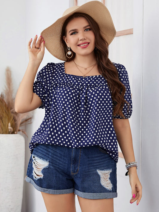 Trendsi honey polka dot blouse for women styled with denim shorts and a sun hat