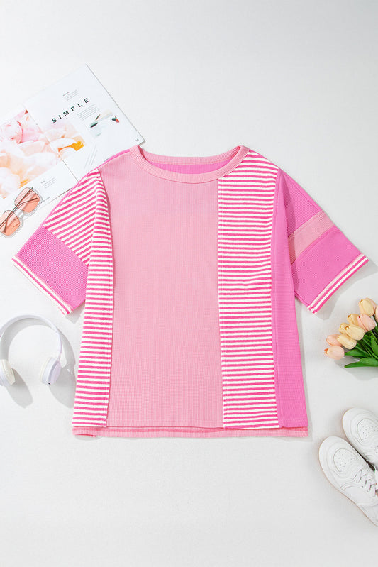 Plus size pink stripe patchwork summer shirt with short sleeves and relaxed fit