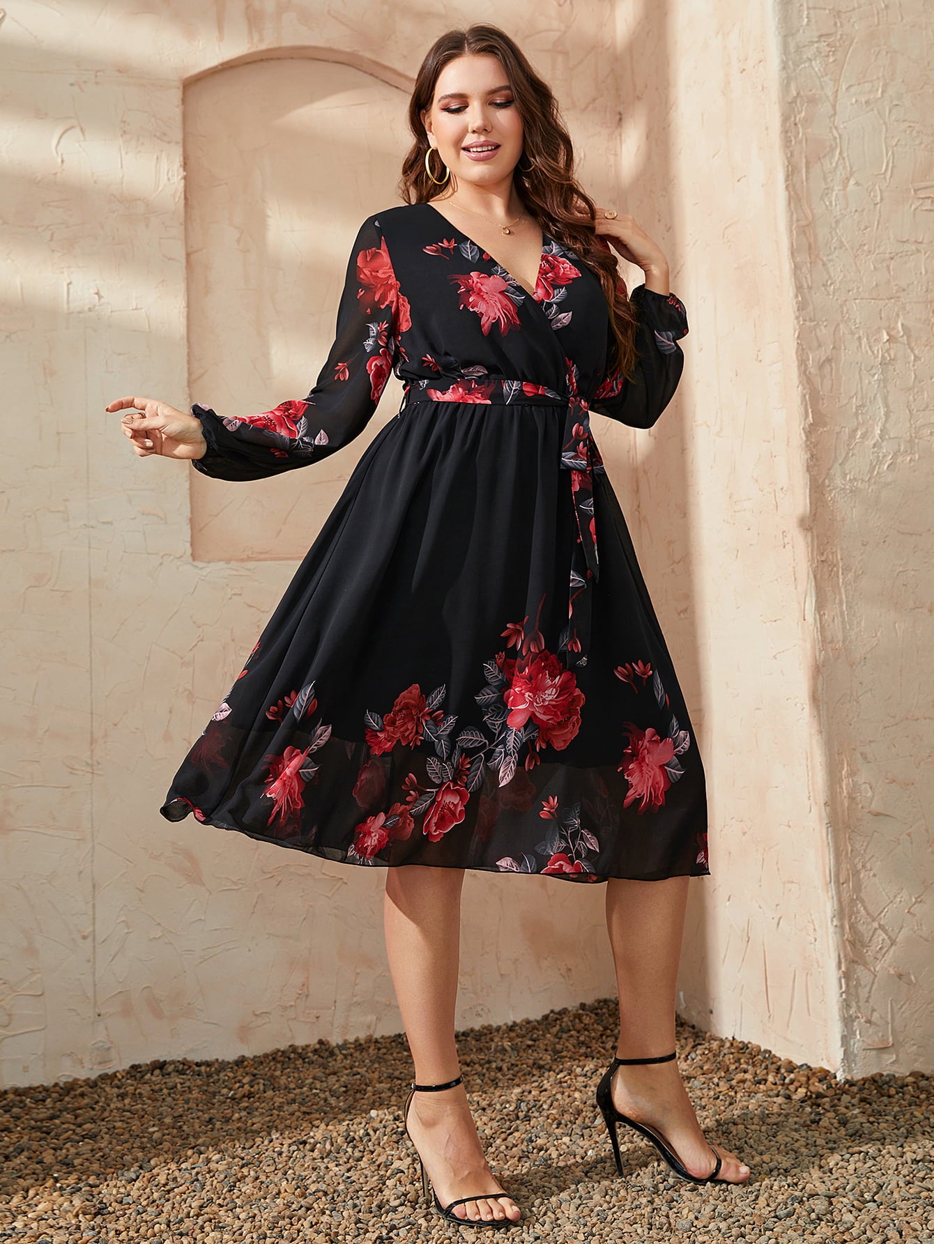 Trendsi plus size floral dress in black with red flower print and long sleeves
