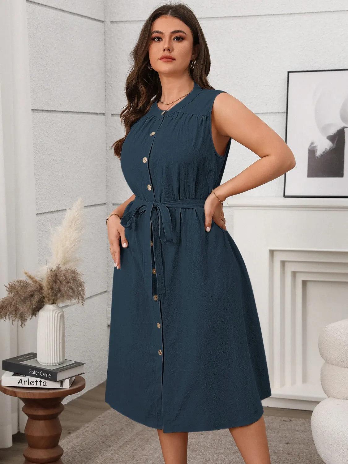 sleeveless tie waist plus size dress in dark blue with button front and midi length