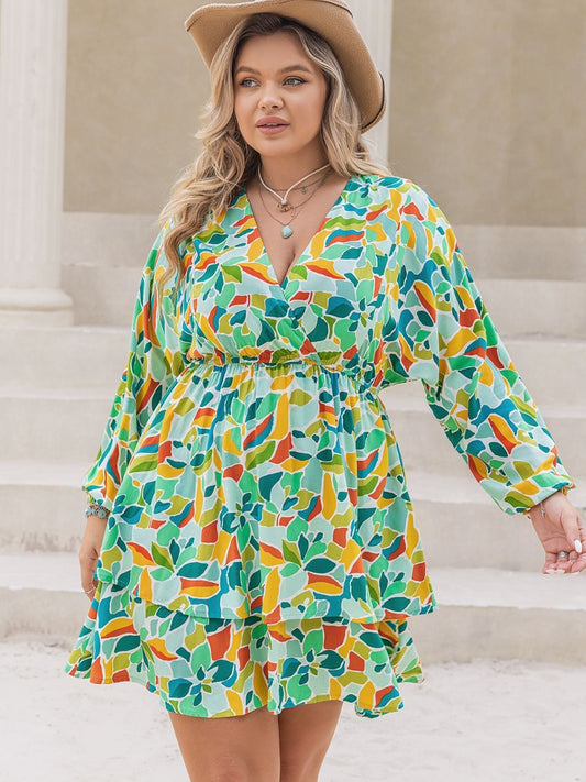 Trendsi surplice long sleeve dress for curvy women with colorful abstract floral print and elastic waist