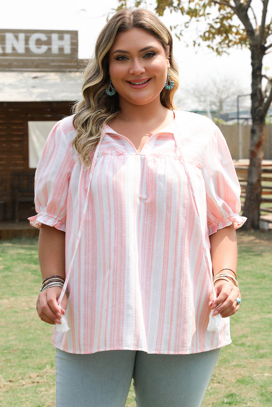 Plus size tassel tie frilled sleeve top for curvy women in light pink striped design by kjplussizefashion