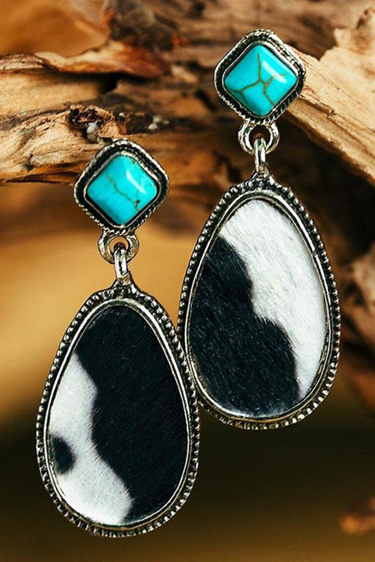 Black cow print turquoise earrings with silver frame and turquoise stone studs by kjplussizefashion